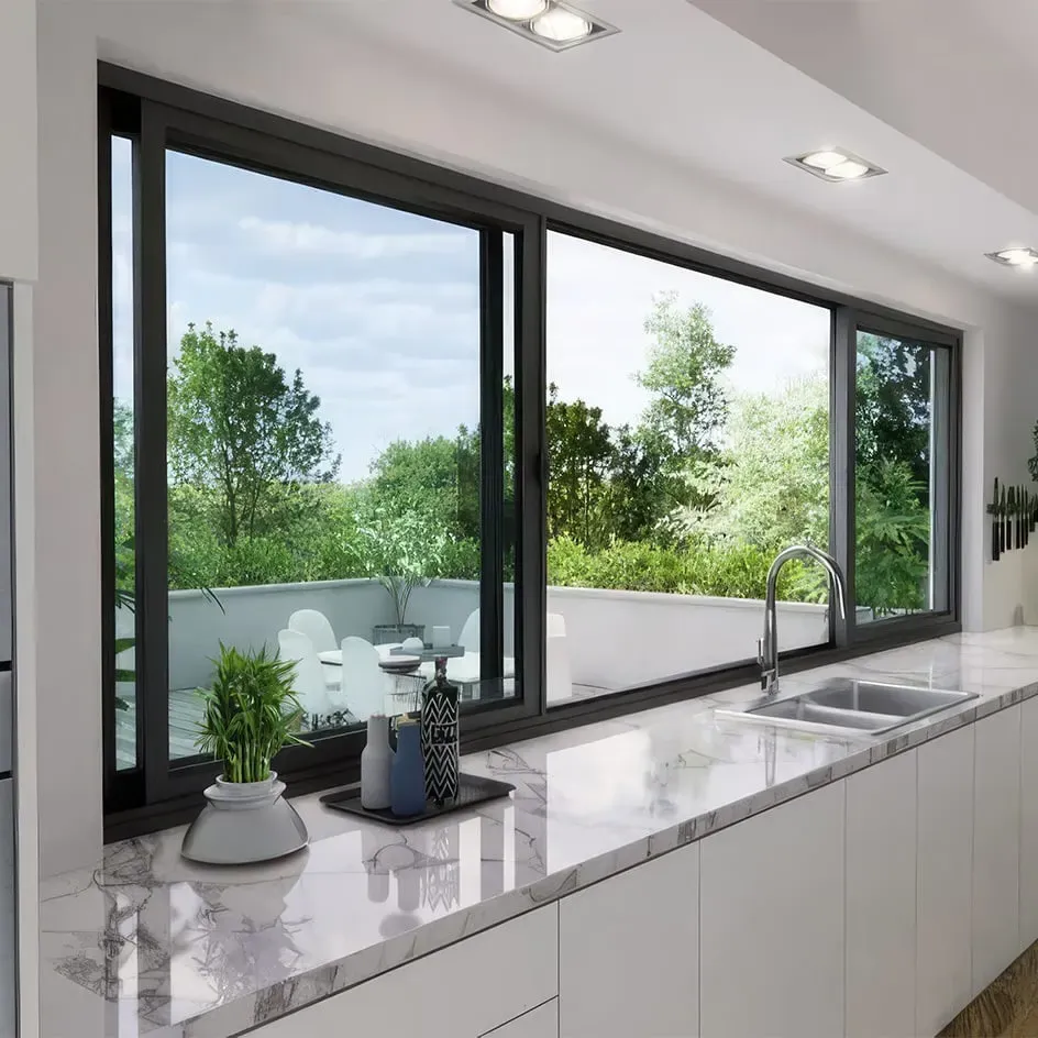 Sistem jendela uPVC warna gelap untuk halaman produk Sliding Windows