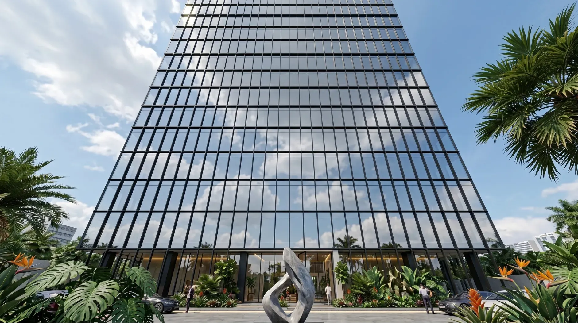Tampilan fasad gedung perkantoran modern dengan curtain wall system dari Power Trust